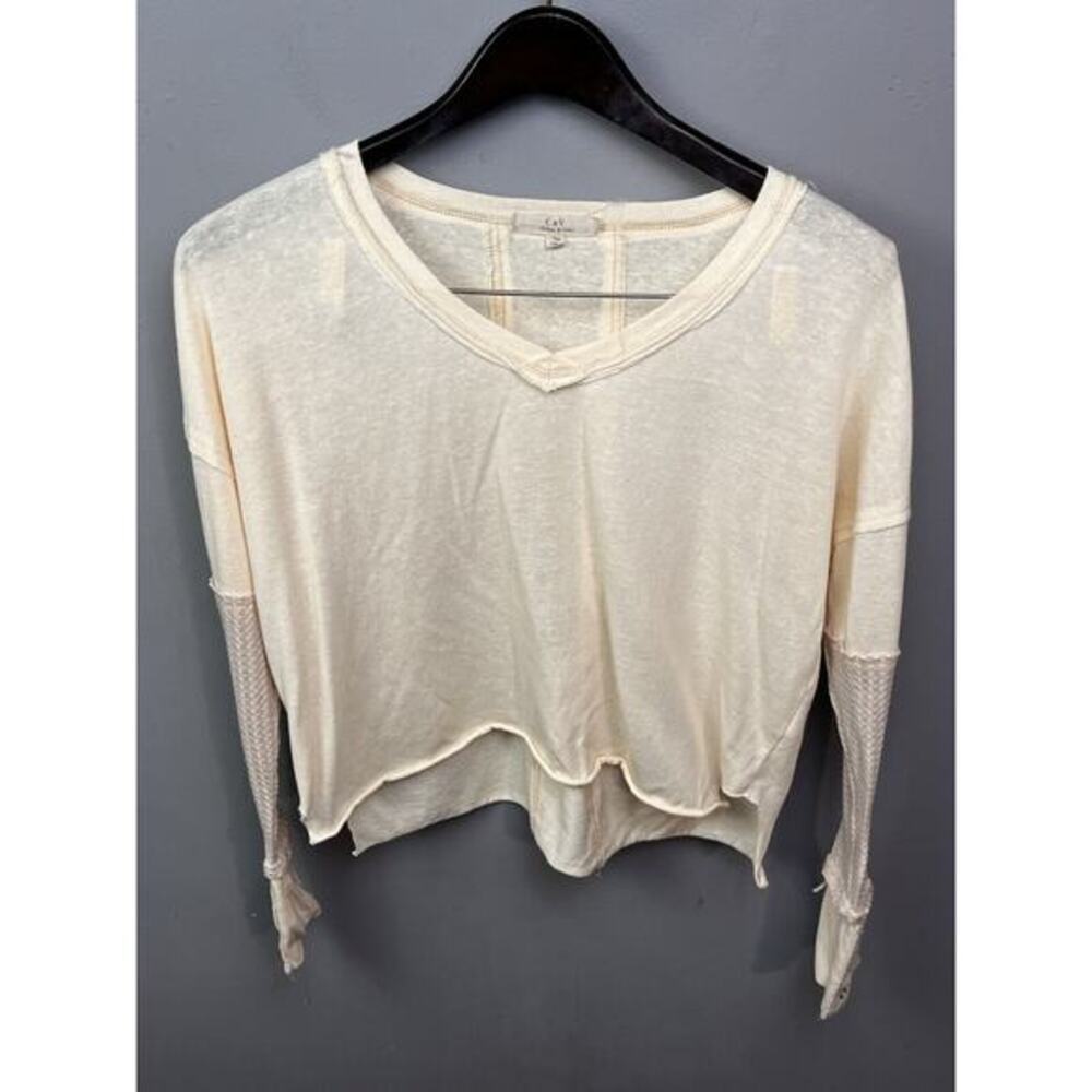 Chelsea & Violet Top Womens XS Ivory Cropped Crochet Top Waffle Snap sleeves